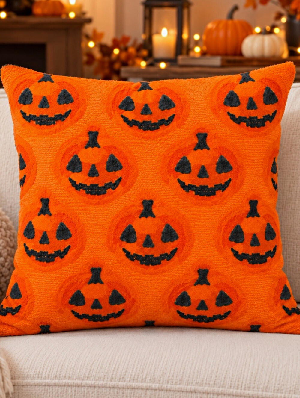 Halloween Jack-o'-lantern Pumpkin Pillow Cover 17x17 Orange/Black Polyester Zip
